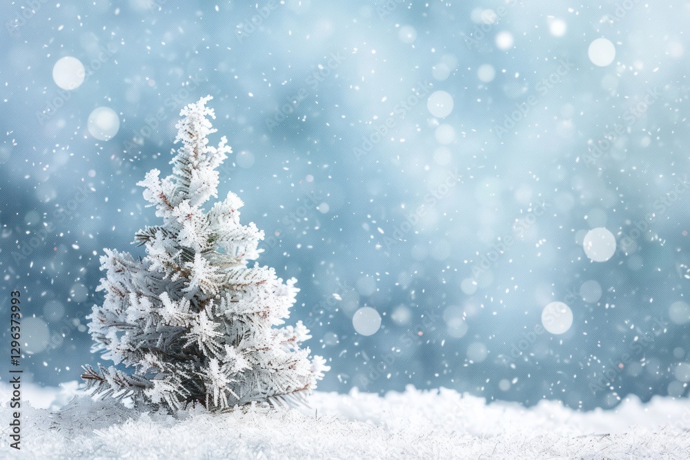 Winter Christmas background with a small Christmas tree covered with hoarfrost atmosphere.