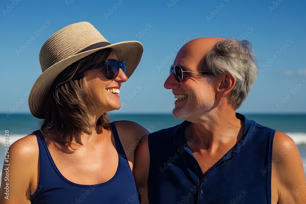 A happy senior couple enjoying each other's company at the beach, with clear blue skies and calm ocean in the background A happy senior couple enjoying each other's company at the beach, with clear blue skies and calm ocean in the background