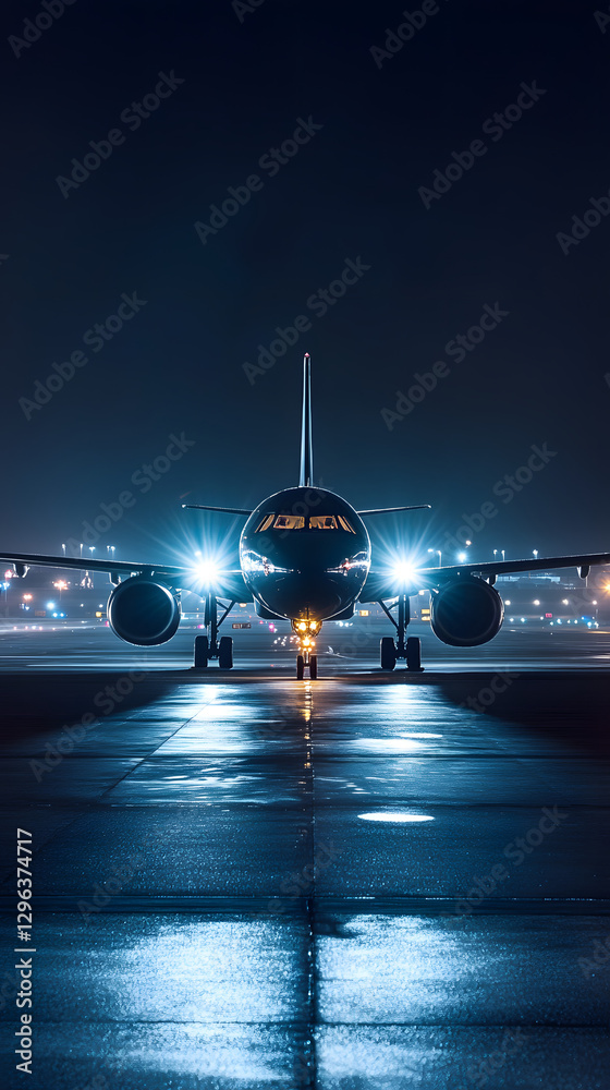 Fototapeta premium A commercial airplane on the runway at night 