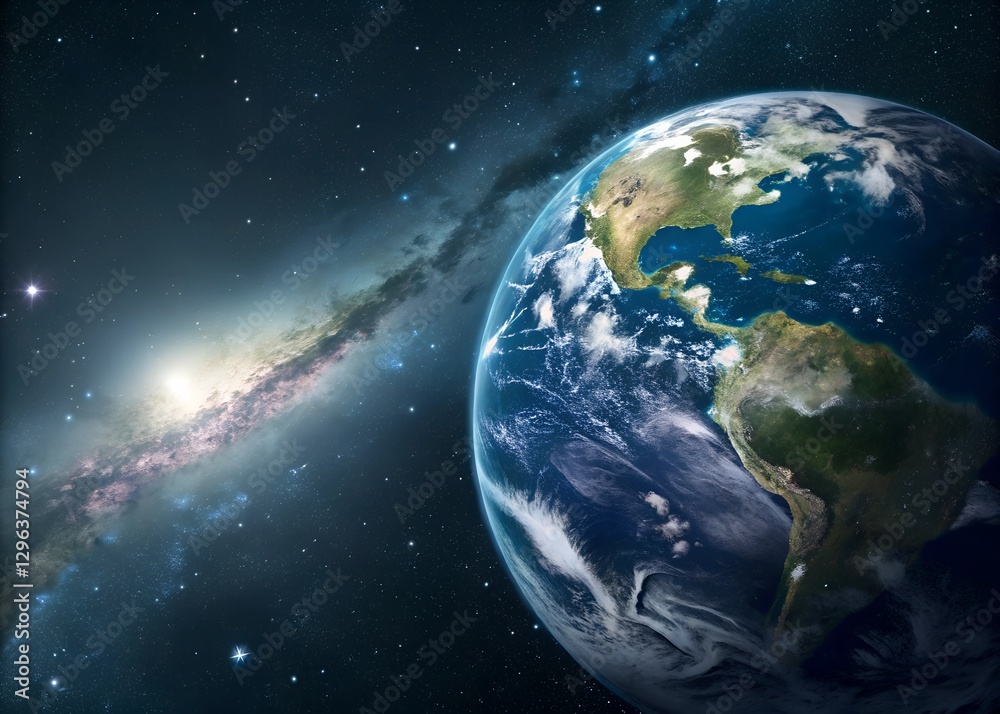Earth in space, detailed view of continents, cosmic background, digital illustration, backdrop Earth in space, detailed view of continents, cosmic background, digital illustration, backdrop