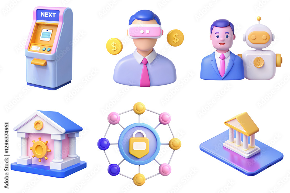 Fototapeta premium A collection of 3D icons representing banking, technology, and finance, including an ATM, a virtual user, a robot, and secure transaction elements.