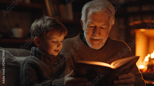 Family Reading by the Fireplace – Grandfather and Grandson reading a book in a warm atmosphere