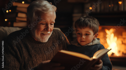 Family Reading by the Fireplace – Grandfather and Grandson reading a book in a warm atmosphere