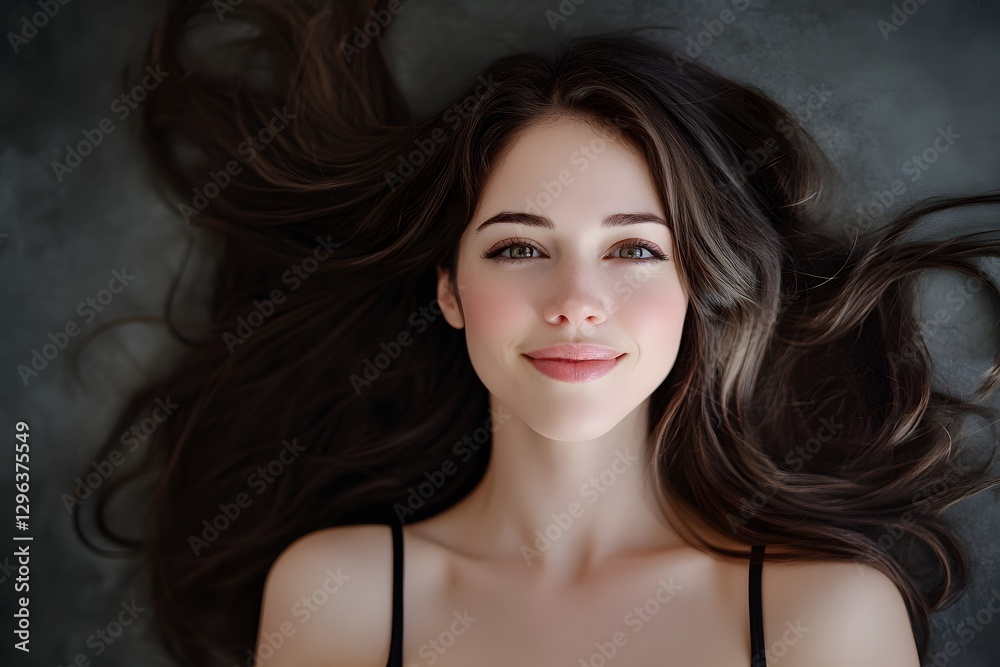 A photo of the face and shoulders from above, a beautiful woman with long brown hair smiling at the camera, laying on her back A photo of the face and shoulders from above, a beautiful woman with long brown hair smiling at the camera, laying on her back