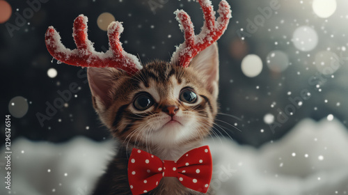 Cute kitten wearing reindeer antlers and a bow tie in a snowy setting. photo