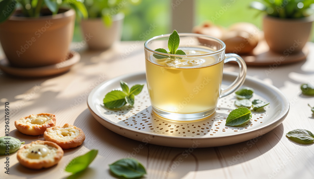 Moroccan mint tea with pastries on decorative tray, inviting ambiance Moroccan mint tea with pastries on decorative tray, inviting ambiance