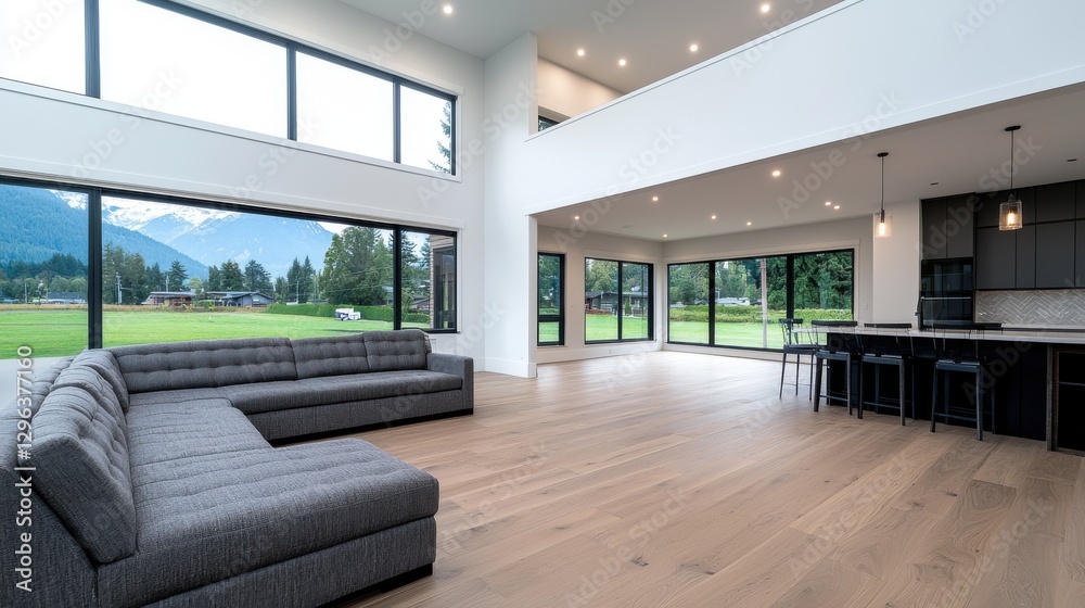 Naklejka premium Modern Open-Plan Home Interior with Mountain View