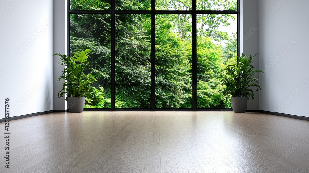 Fototapeta premium Modern Room Interior Design, Light Wood Floor, Green View