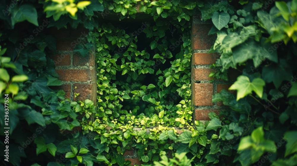 A rectangular opening in a brick wall surrounded by plants A rectangular opening in a brick wall surrounded by plants