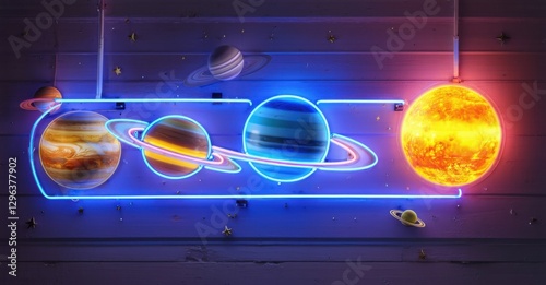 Neon sign solar system arcade planets displayed like interactive cosmic game interface bright colorful realistic photo photo