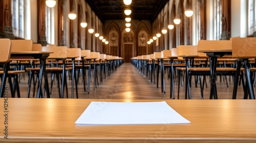 Desks and papers occupy an empty high school exam hall, highlighting the mental health challenges faced by students