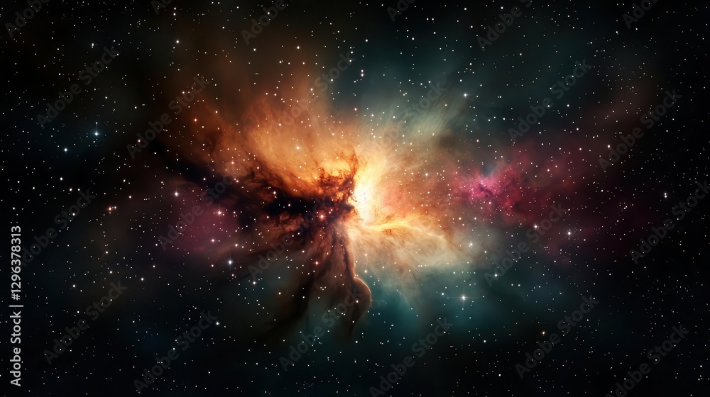 Obraz premium A vast galaxy with glowing nebula clouds and sparkling stars in deep space, set against a green backdrop