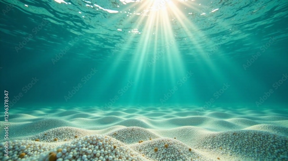 Fototapeta premium Serene Underwater Seascape Sunbeams Illuminating a Sandy Ocean Floor with Textured White Pebbles