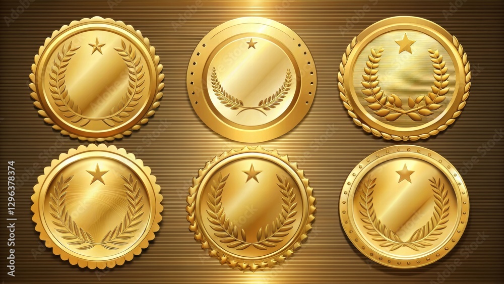 Collection of Golden Awards with Laurel Wreaths and Stars, Perfect for Achievement and Success Recognition Collection of Golden Awards with Laurel Wreaths and Stars, Perfect for Achievement and Success Recognition
