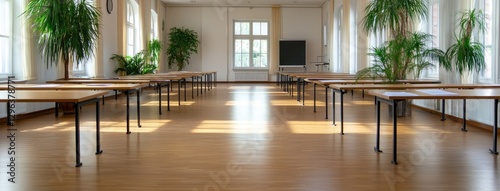 Desks and papers occupy an empty high school exam hall, highlighting the mental health challenges faced by students