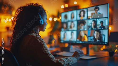 A diverse group of students attending an online class, multiple faces on a video call screen, various workspaces in the background, bright and modern aesthetic, Woman and computer