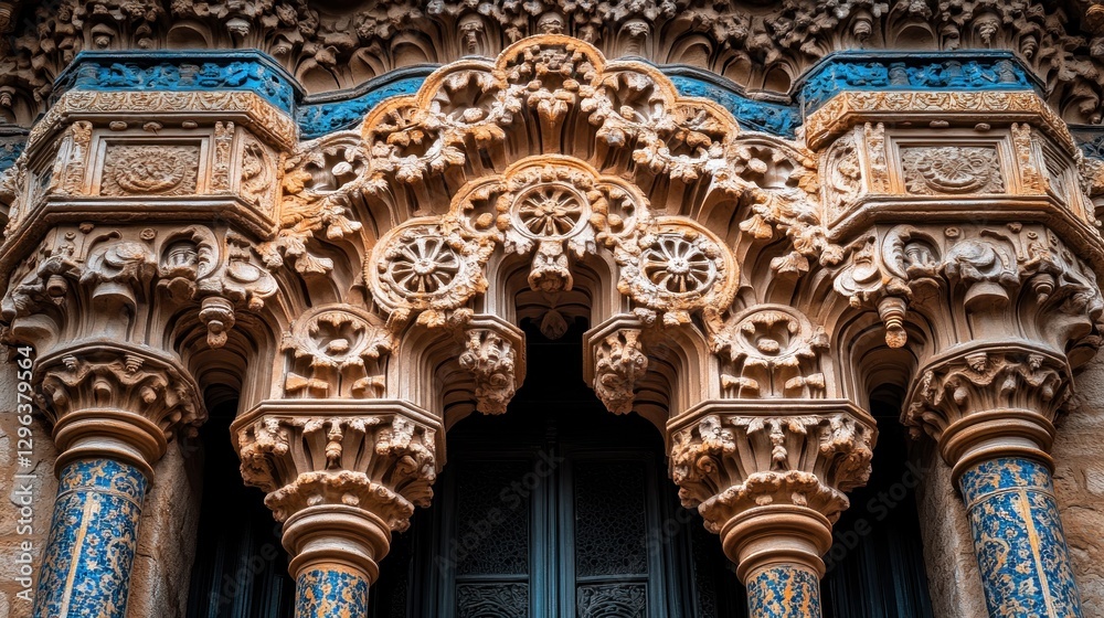 Fototapeta premium Intricate stone archway with detailed carvings and blue tile accents.