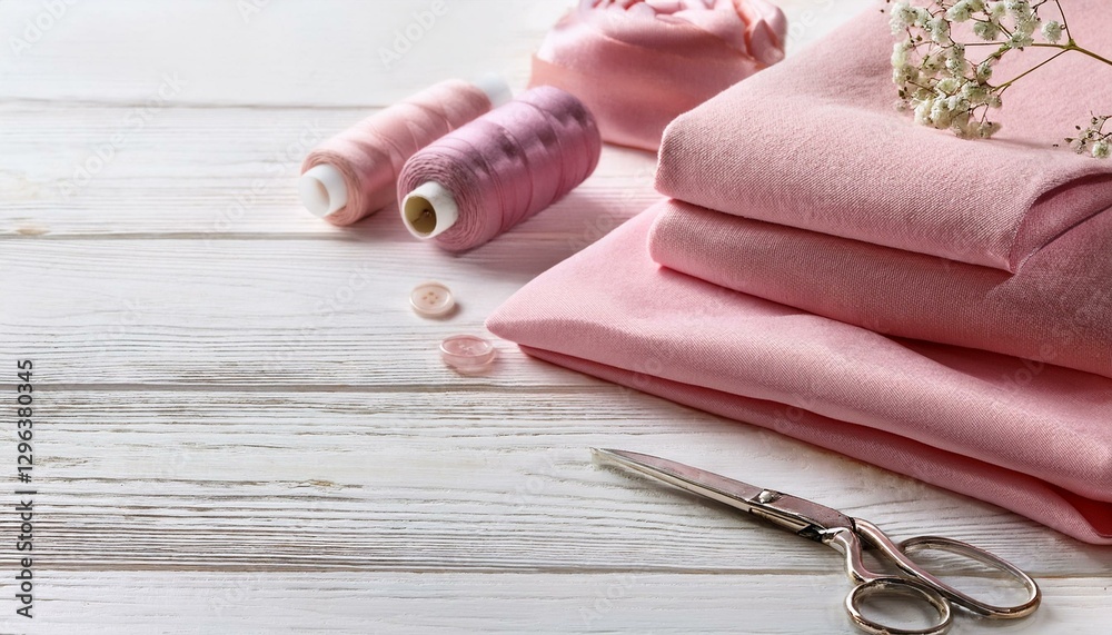 Fototapeta premium pink natural fabric and sewing tools on the white wooden table