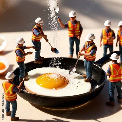 A hyperrealistic miniature scene featuring tiny construction workers dressed in safety vests and hard hats, actively working on a giant fried egg in a black frying pan. Some workers are standing on th