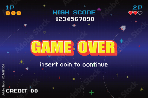 GAME OVER. INSERT COIN TO CONTINUE. pixel art. 8 bit game. retro game. for game assets .Retro Futurism Sci-Fi Background. glowing neon grid. and stars.