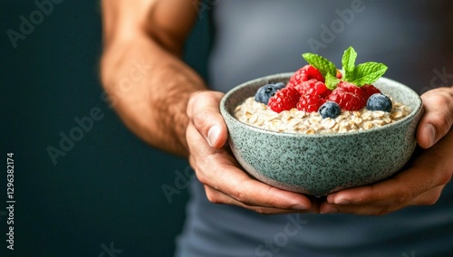 Athletic Man Holding Bowl of Healthy Oatmeal with Berries