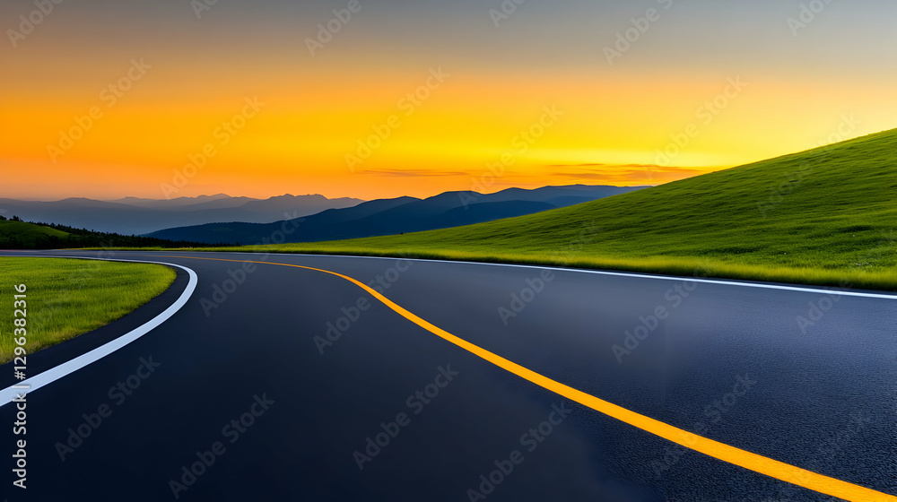 Asphalt road square and green mountain with sky clouds natural landscape at sunrise Generative Asphalt road square and green mountain with sky clouds natural landscape at sunrise Generative