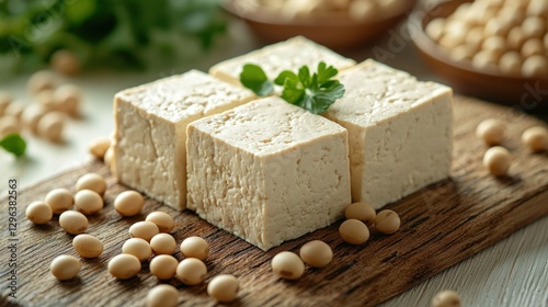 Fresh Tofu Cubes on Wooden Board with Soybeans (1) photo