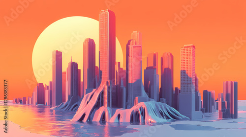 Melting cityscape, surreal cityscape, melting buildings, oversized sun, futuristic, dreamlike, surrealism, fantasy urban. Surreal Melting Architecture. Illustration