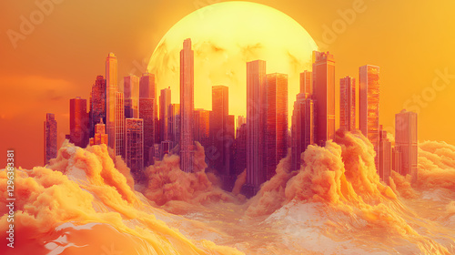 Melting cityscape, surreal cityscape, melting buildings, oversized sun, futuristic, dreamlike, surrealism, fantasy urban. Surreal Melting Architecture. Illustration