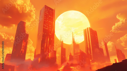 Melting cityscape, surreal cityscape, melting buildings, oversized sun, futuristic, dreamlike, surrealism, fantasy urban. Surreal Melting Architecture. Illustration