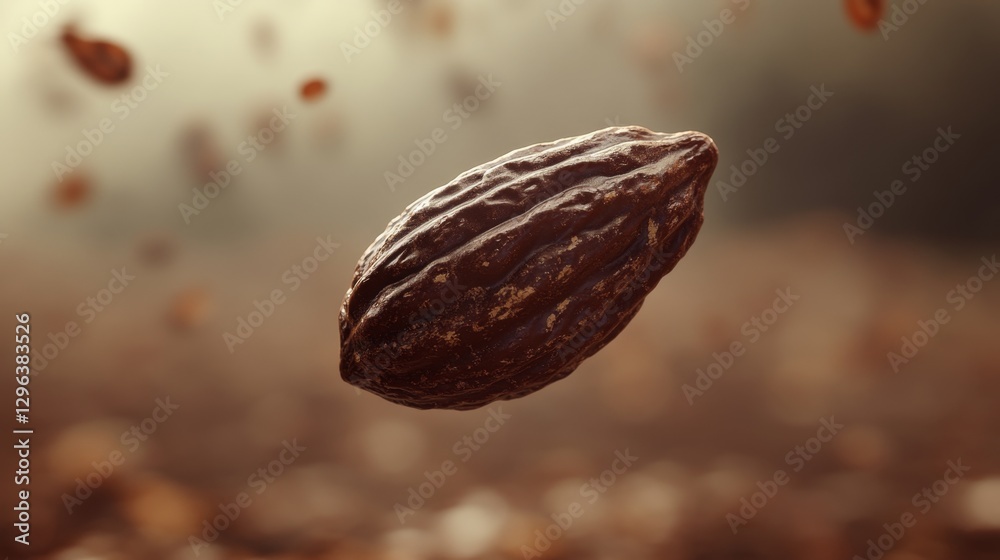 Floating 3D Cacao Nib with Intricate Detailing in a Dreamy Landscape Floating 3D Cacao Nib with Intricate Detailing in a Dreamy Landscape
