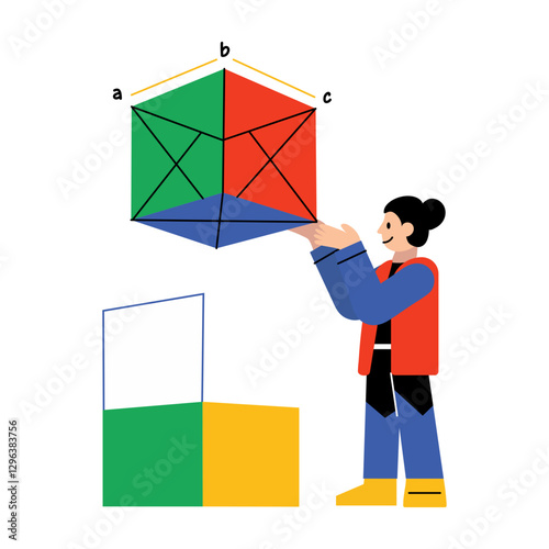 Character analysing a 3d model of cube, flat illustration