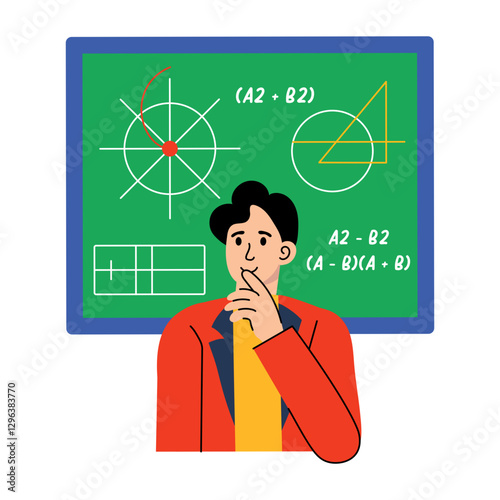 Character thinking about math problem, flat illustration