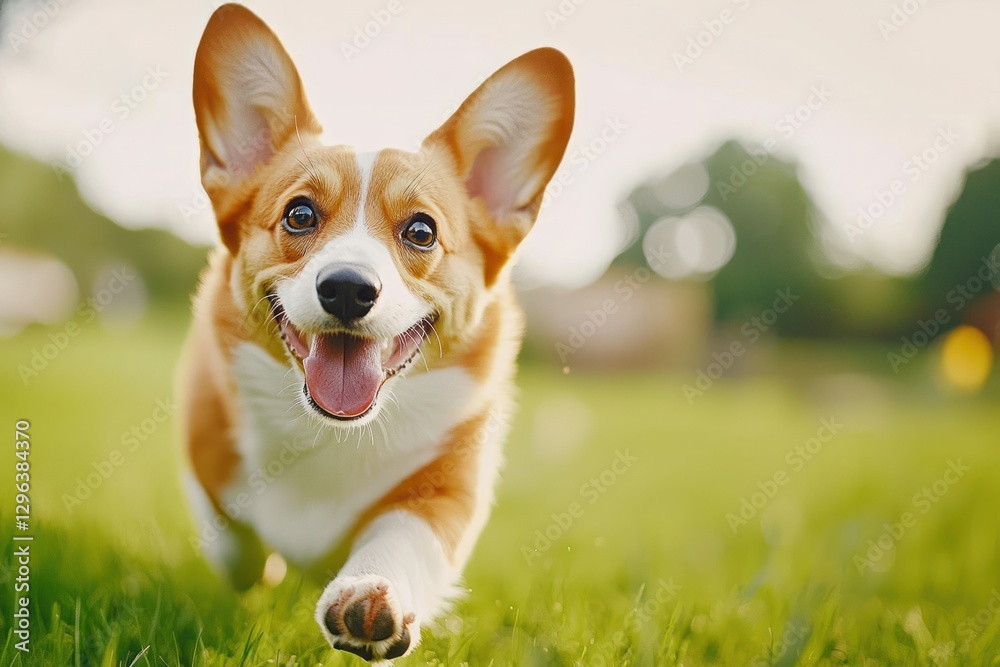Happy Corgi Running on Green Grass in Sunlight Happy Corgi Running on Green Grass in Sunlight
