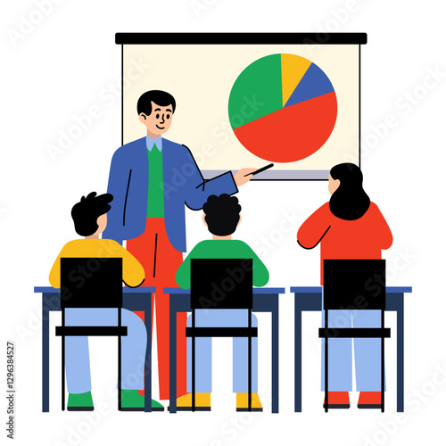 Teacher and students in a mathematics class, flat illustration