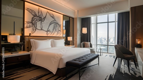 Upscale, modern hotel room with high-thread-count sheets, a statement art piece, and ambient lighting.