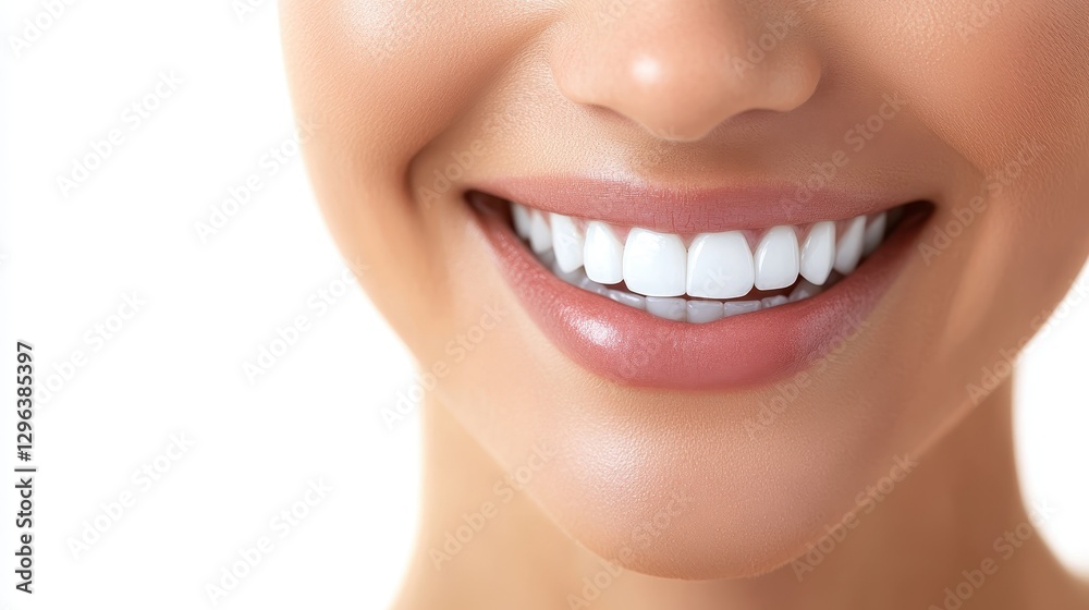 Obraz premium A radiant Asian woman is face, adorned with meticulously applied cosmetics, exudes an aura of beauty and happiness. Her perfect smile and attractive features are captured in a clear white background,