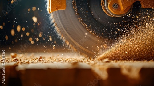 Close-Up of Circular Saw Cutting Wood with Flying Sparks and Sawdust