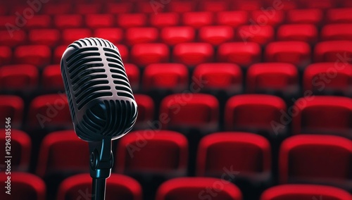 Retro Microphone on Stage with Red Theater Seats in Background