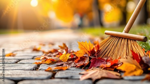Autumn Leaves Being Swept with a Broom on a Cobblestone Path