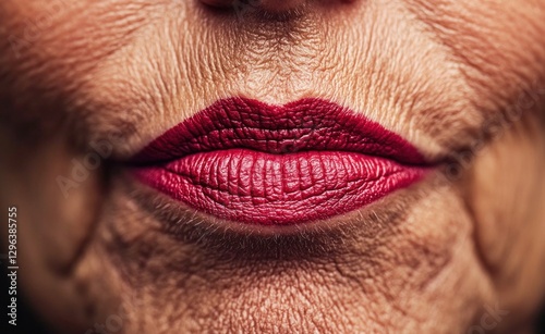 Close-Up of Elderly Womans Lips with Red Lipstick