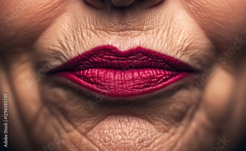 Close-Up of Elderly Womans Lips with Red Lipstick