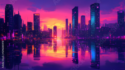 Surreal cityscape river: dreamlike urban waterscape at night. Surreal Melting Architecture. Illustration