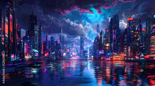 Surreal cityscape river: dreamlike urban waterscape at night. Surreal Melting Architecture. Illustration