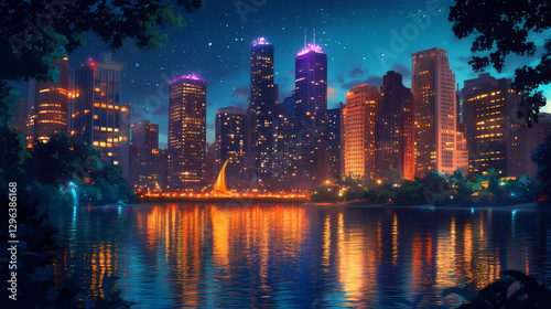 Surreal cityscape river: dreamlike urban waterscape at night. Surreal Melting Architecture. Illustration