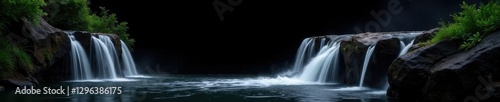 Isolated waterfall, cascading water on black backdrop, powerful, rock
