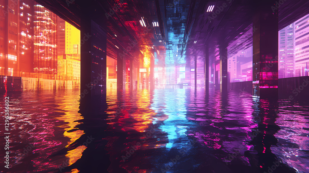 Surreal cityscape river: dreamlike urban waterscape at night. Surreal Melting Architecture. Illustration Surreal cityscape river: dreamlike urban waterscape at night. Surreal Melting Architecture. Illustration