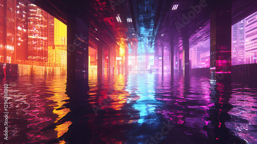Surreal cityscape river: dreamlike urban waterscape at night. Surreal Melting Architecture. Illustration