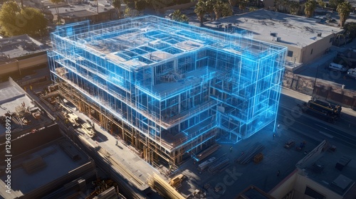 City building construction, digital model overlay, aerial view