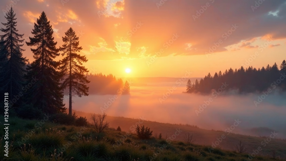 Obraz premium Serene Sunrise Over Misty Mountain Meadow with Silhouetted Evergreen Trees